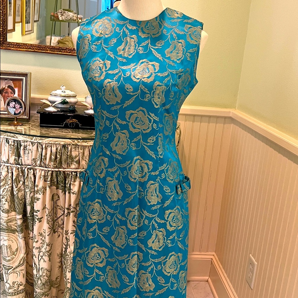 Vintage 60s turquoise gold cocktail dress